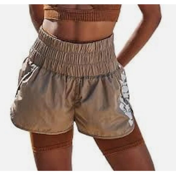 Free People Movement The Way Home Logo Shorts High Waisted Taupe Brown Medium - Picture 1 of 14